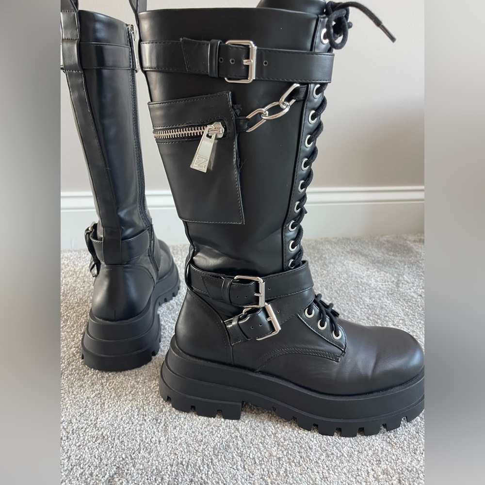 Zara Black Knee-High Lace-Up Boots with Buckles - Picture 3 of 5